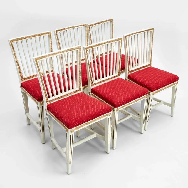 A 6 sentence of Gustavian chairs in a new guise. It is works of the late Gustavian period. The legs are canneled, the...