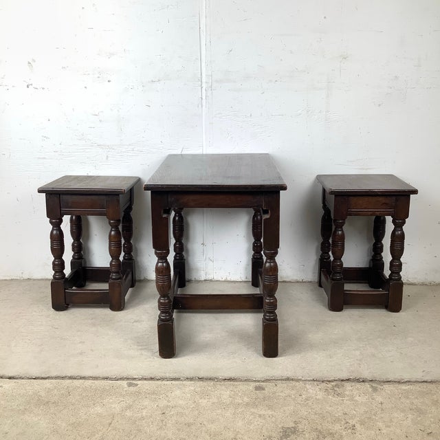 Jacobean Vintage Tudor Revival Nesting Tables – Set of Three English Style Side Tables For Sale - Image 3 of 11