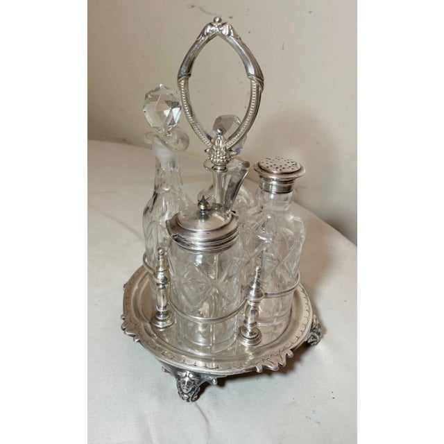 Antique 1800's Ornate Cut Crystal Silver Plate Figural Cruet Condiment Set Caddy For Sale - Image 4 of 16