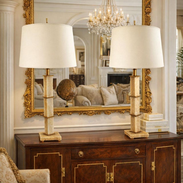 Late 20th Century Vintage Italian Rialto Marble & Gold Leaf Art Deco Style Table Lamps - a Pair For Sale - Image 5 of 11