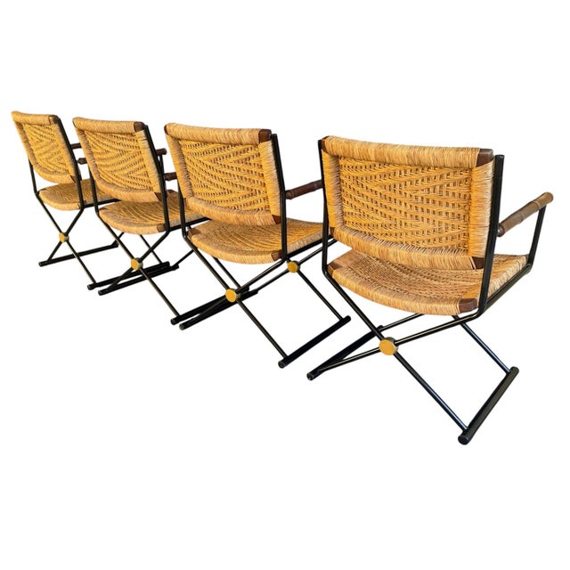 Tan Set/4 French Jute Raffia Woven Directors Chairs For Sale - Image 8 of 12