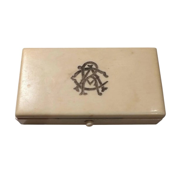 A very high quality, small bone work box. Probably had sterling silver utensils inside. Monogrammed probably around 1860s...
