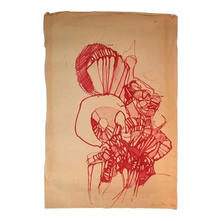 Vintage American Ivan Wilson Drawing on Paper, Red Abstract For Sale