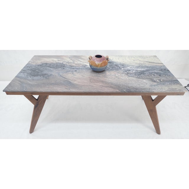 Wood Solid Oiled Walnut Frame 3/4" Thick 32x67 Marble Top Dining Conference Table For Sale - Image 7 of 11