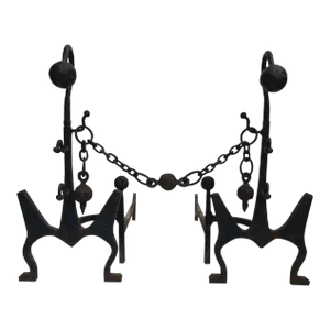 Antique Hand-Forged Wrought Iron Cannonball Andirons, Circa Early 19th Century