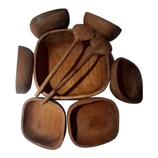 1960s Mid-Century Modern Teak Wood Salad Bowl Set - 9 pcs Hand Carved Thailand For Sale