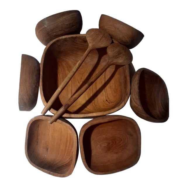 1960s Mid-Century Modern Teak Wood Salad Bowl Set - 9 pcs Hand Carved Thailand For Sale