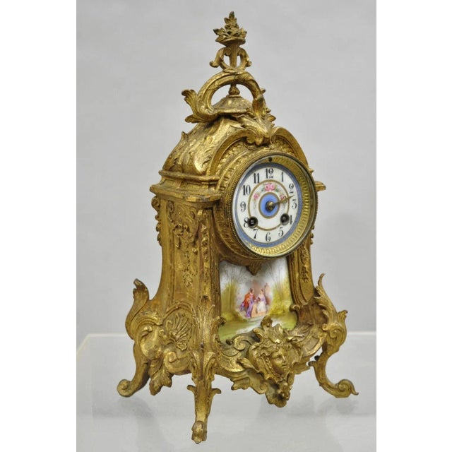 Antique "S. Marti, Medaille de Bronze" Gold Metal French Victorian Painted Porcelain Plaque, Figural Shelf Clock. Circa...