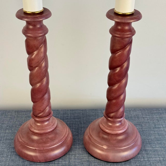 Mid-Century Modern Pair of Vintage Mauve Barley Twist Candle Lamps For Sale - Image 3 of 4