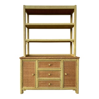 Vintage Coastal Style Wicker Sideboard/ Buffet With Hutch by Henry Link. For Sale