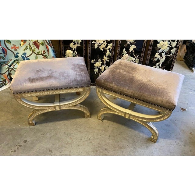 Pair of Vintage Purple Velvet and Wooden Ottomans For Sale - Image 10 of 12