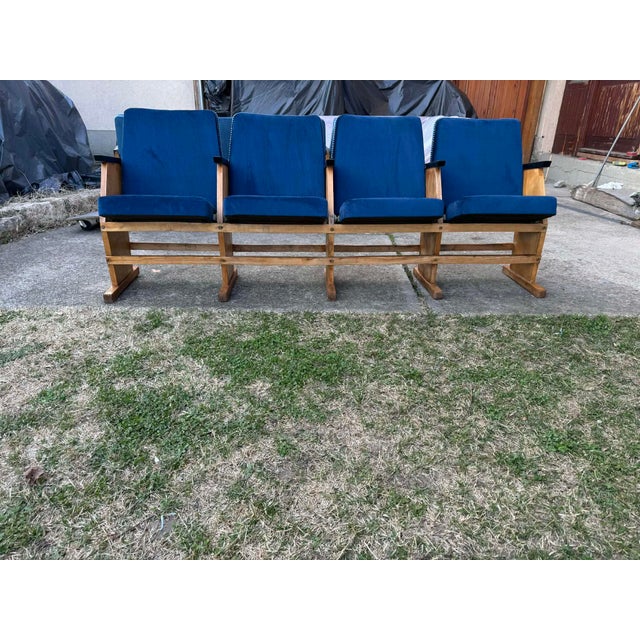 This unique mid-century Hungarian four-seater cinema bench from the 1950s has been beautifully restored with new blue...