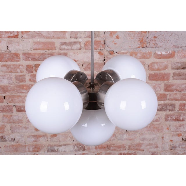 1960s Mid-Century Modern Chandelier in Chromed Steel and Opaline Glass, Czech, 1960s For Sale - Image 5 of 10