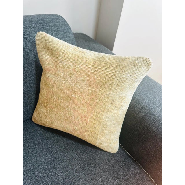 Vintage Turkish Rug Pillow Cover, Handwoven Wool Isparta Faded Abstract Cushion, Soft Ivory Peach Boho Pillow, 16x16 In For Sale - Image 6 of 12