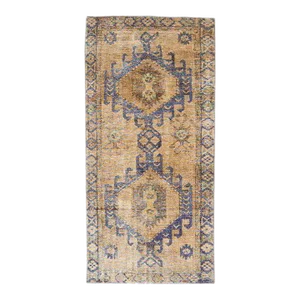 1960s Vintage Persian Distressed Handmade Medallion Tan Wool Runner