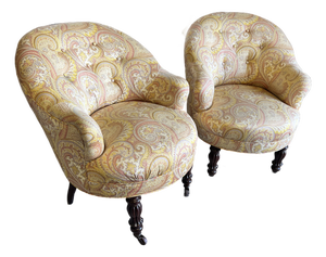 Antique French Tufted Crapaud Club Chairs - A Pair