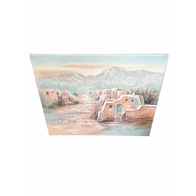 Late 20th Century Large Signed Southwestern Adobe Village Landscape Painting on Canvas For Sale - Image 4 of 11