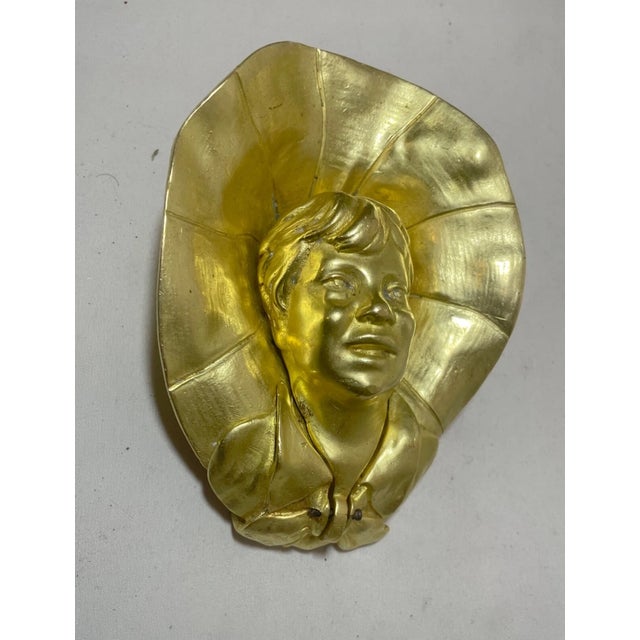 Figurative Share Antique Figural Gilt Brass Bronze American Boy With Hat Writing Inkwell Jar For Sale - Image 3 of 12