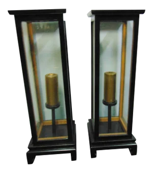 Chinoiserie Black Lacquered Candle Lantern Stands - a Pair