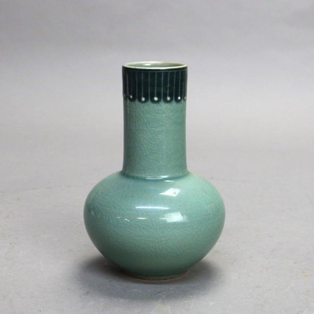 Antique Asian Celadon Pottery Bud Vase With Marsh Scene Signed Early 19thC For Sale - Image 4 of 6