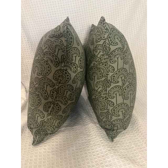 Shabby Chic Pair of Square Green Blockprint Style Fabric Pillow Covers For Sale - Image 3 of 4