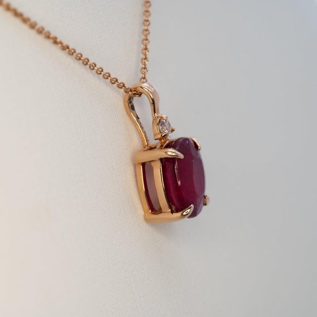 Metal 1.7Ct Madagascar Ruby Pendant With Natural Diamond Accent: Solid 14k Gold, 8x6mm For Sale - Image 7 of 8