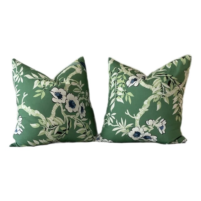 Pair of Thibaut Fabrics Yukio Chinoiserie Green and Blue Pillow Covers For Sale