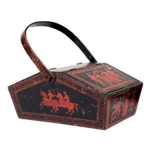 Antique Early 19th Century English George III Ebonized & Scarlet Red Penwork Desk Box for Stationery or Sewing Pannier After Sir William Hamilton