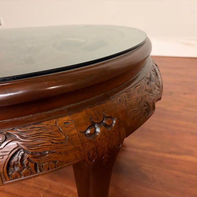 Vintage Carved Asian Hardwood Tea Table With Glass Top and Matching Nesting Stools For Sale - Image 12 of 18