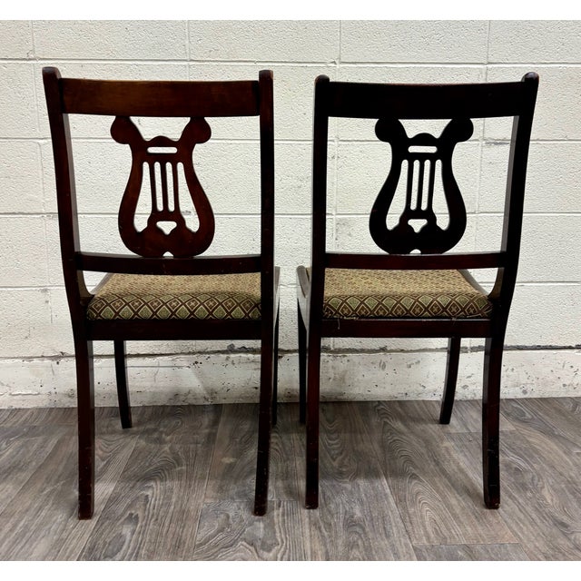 Brown Vintage Duncan Phyfe Style Harp Back Lyre Back Dining Chairs - Pair For Sale - Image 8 of 9