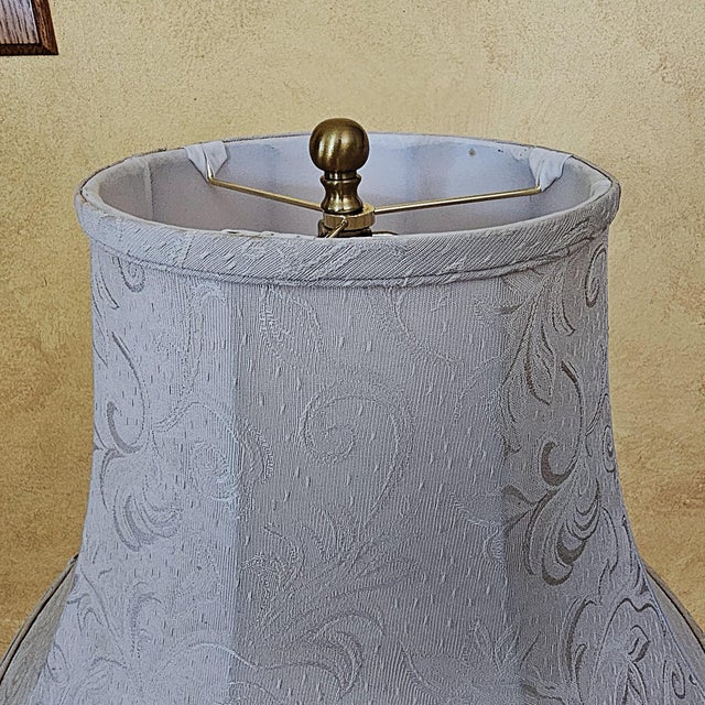 Late 20th Century Vintage American Ivory Glazed Ceramic Table Lamp With Brass Base and Embossed Bell Shade For Sale - Image 5 of 18