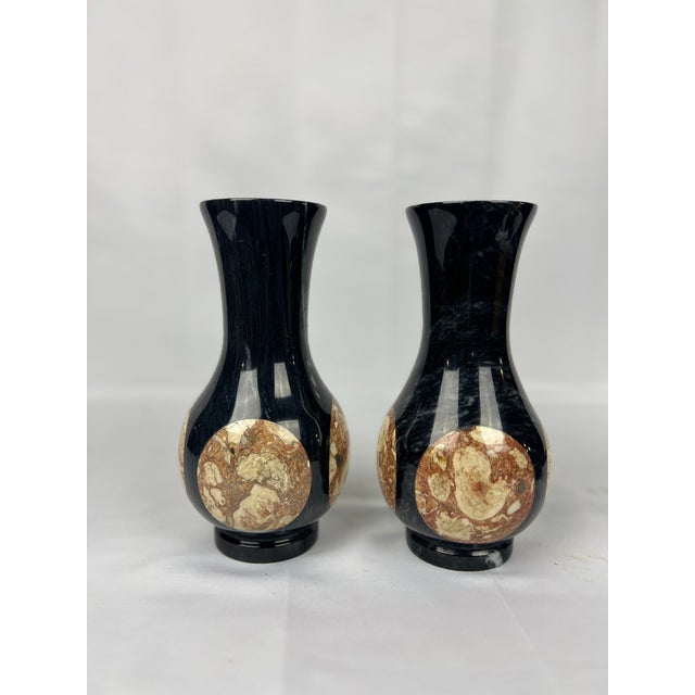 Mid-Century Modern Pair, Vintage Black Onyx & Marble Inset Vases For Sale - Image 3 of 6