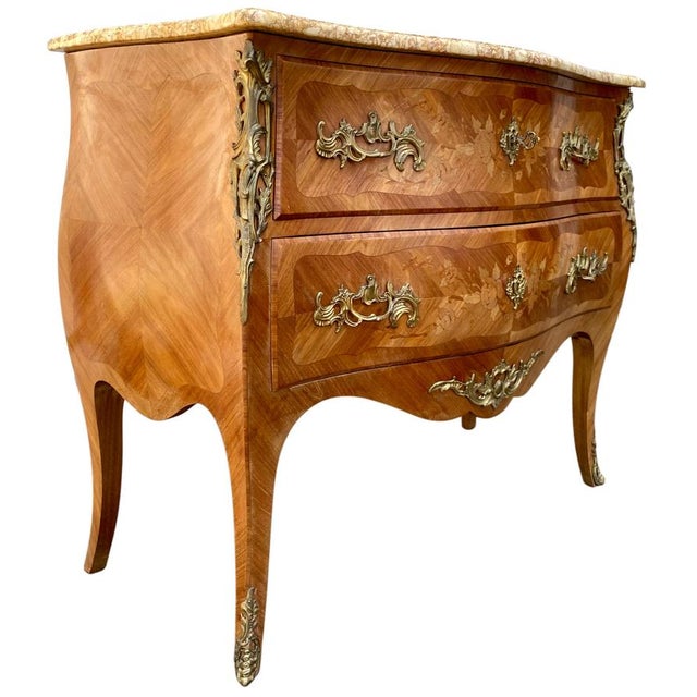 Wood Louis XV Style Chest of Drawers in Marquetry and Veined Marble, 1930s For Sale - Image 7 of 11