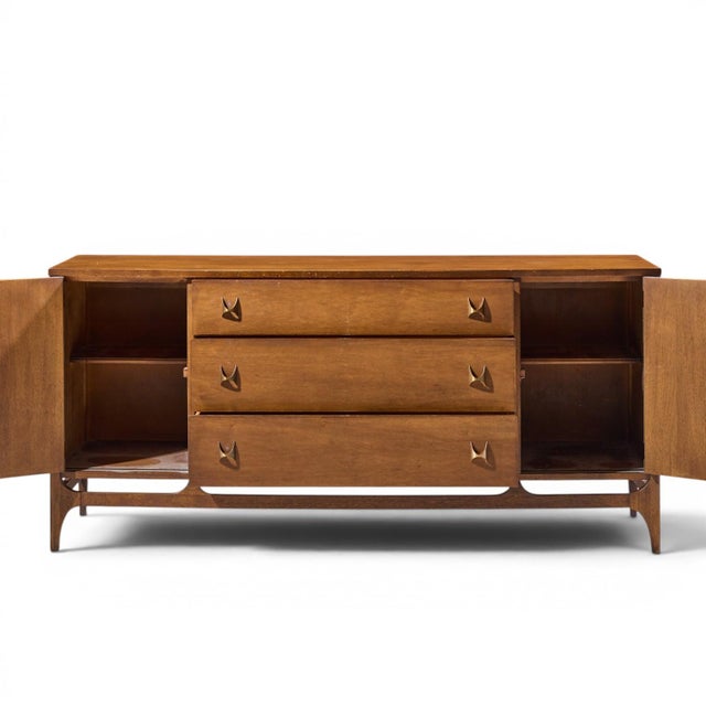 Brown Broyhill Brasilia Mid Century Walnut and Brass 66 Inch Credenza For Sale - Image 8 of 9