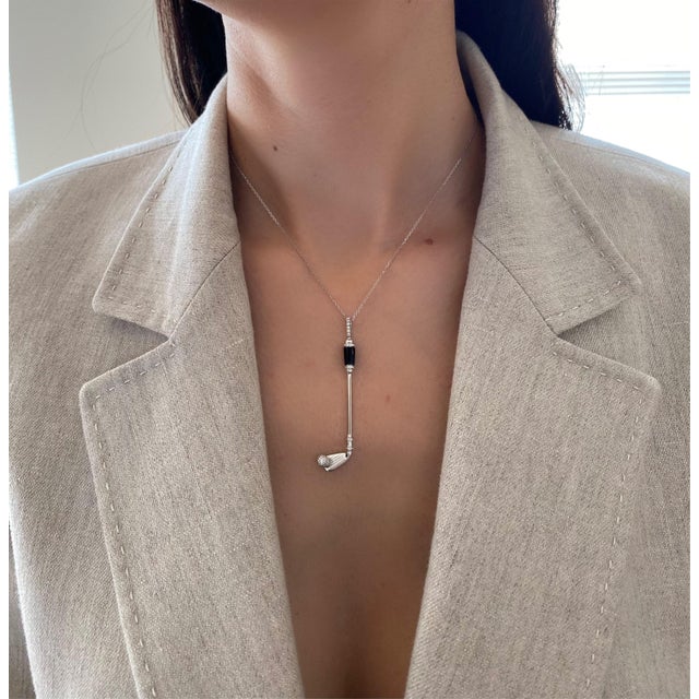 Diamond Black Onyx Golf Club Birdie Jewelry 18 Karat White Gold Charm Pendant For Sale In Washington DC - Image 6 of 10