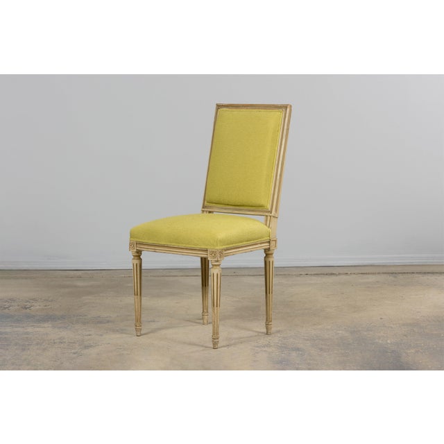 Antique French Louis XVI Painted Accent Side Chairs in Chartreuse Fabric - A Pair For Sale - Image 10 of 18