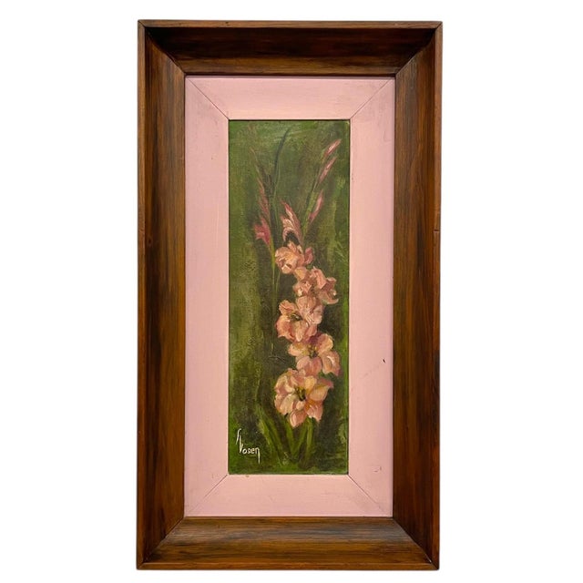 This vintage floral oil painting features a vertical composition of soft pink blossoms set against a deep green...