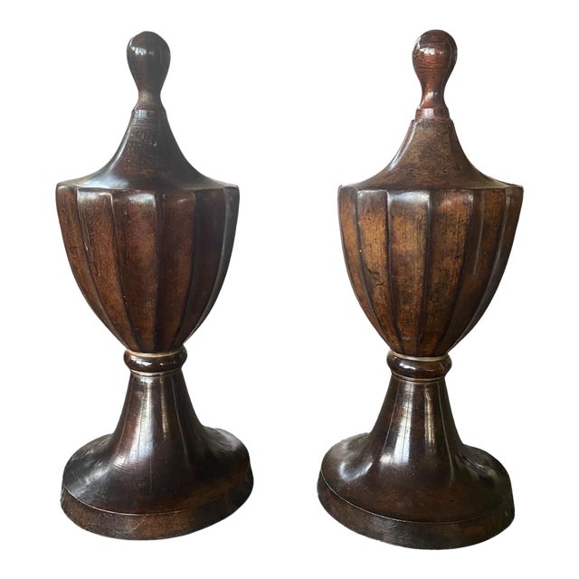 Late 20th Century Pair of Vintage Turned Wood Urn Finials or Decorative Objects For Sale