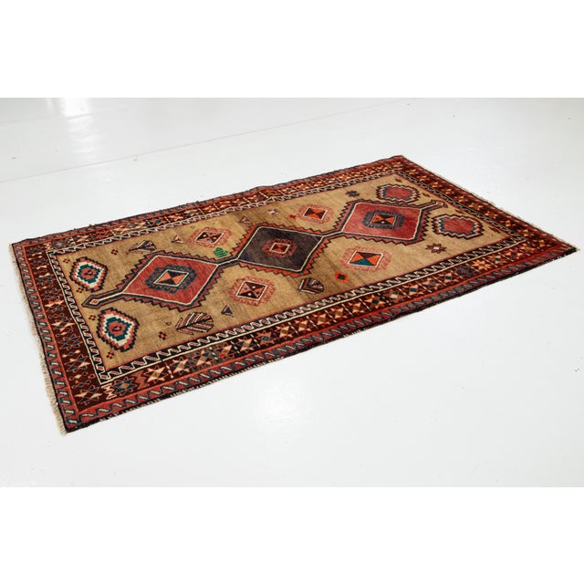 Persian Vintage Persian Shiraz Scatter Wool Rug in Brown With Geometric Pattern For Sale - Image 3 of 8
