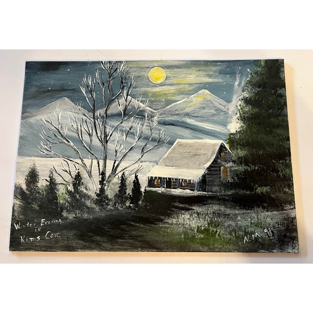 1991 oil on canvas board painting by Nellie Medford titled Winter Evening in Kim’s Cove in Canton North Carolina. A...