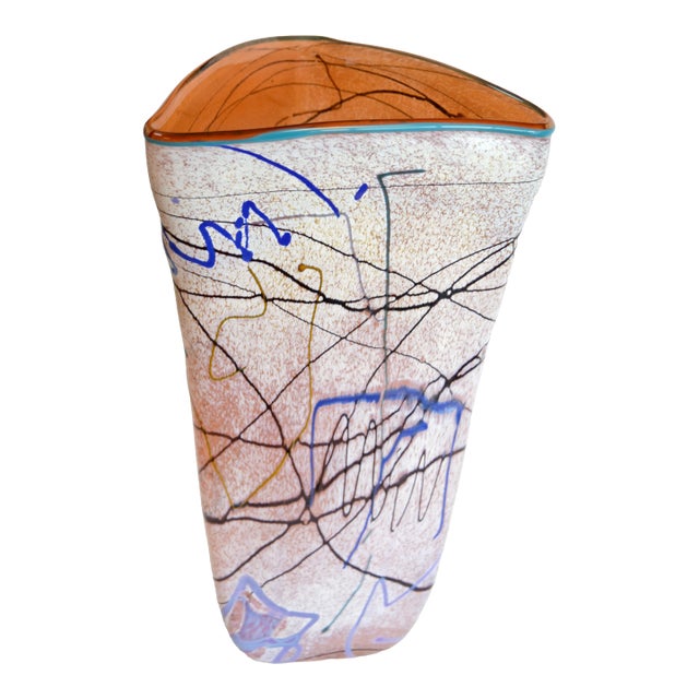 1980s Taylor Backes Triangle Shape Art Glass Colorful Op Art Vase For Sale