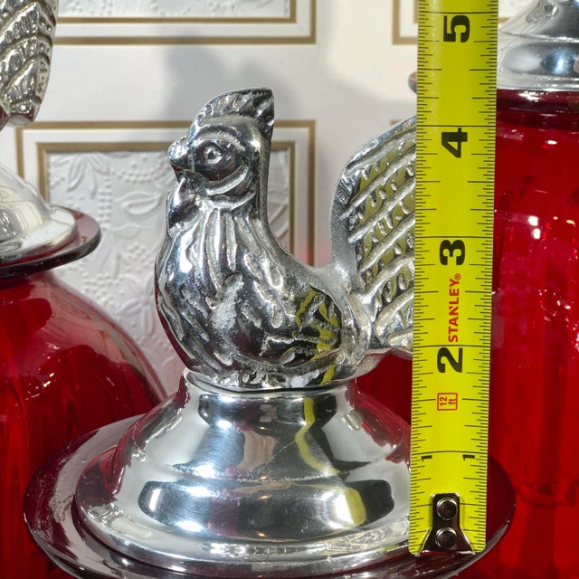 Mexican Hand Crafted Red Glass Pewter Rooster Lid Canisters Kitchen Set
