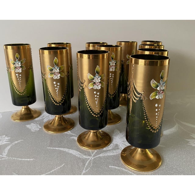 1950s Mid-Century, Blown Glass Cocktail Glasses, Salviati Murano Attributed, Green & Gold, Cylindrical Shape, Short Stem- Set of 11 For Sale - Image 10 of 17