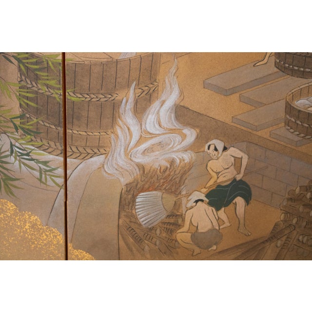 "Sake Brewery", Late Showa Era 1970-1980s Japanese Yamato-E Byobu Screen For Sale - Image 9 of 18
