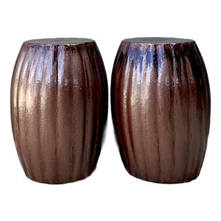 Vintage Glazed Ceramic Glazed Low Stools - A Pair For Sale