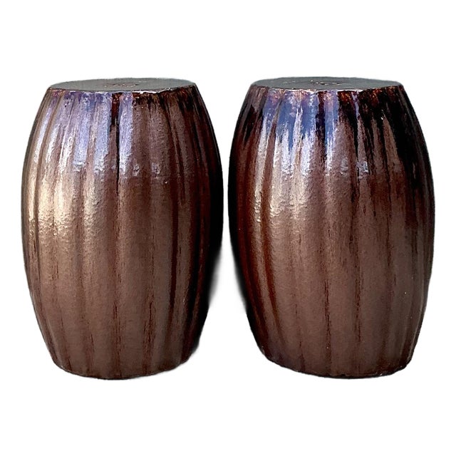 Vintage Glazed Ceramic Glazed Low Stools - A Pair For Sale