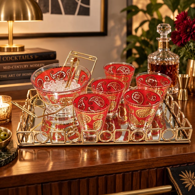 Mid-Century Modern 1960s Culver Red Paisley 22k Glasses Ice Bucket in Caddy With Uttermost Tray Set- 9 Pieces For Sale - Image 3 of 11