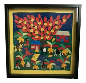Handmade Arpillera Art Mercado Framed 3-D Wall Hanging Tapestry, Peru