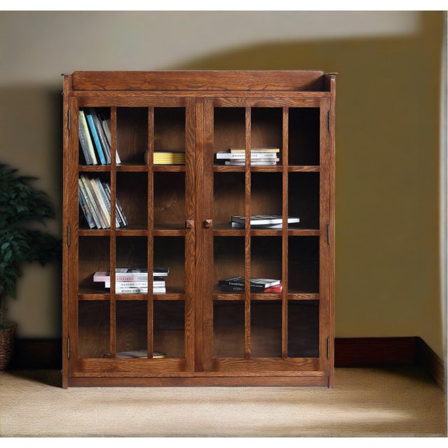 Mission Oak 2 Door Bookcase With Glass Doors - Walnut For Sale - Image 10 of 13