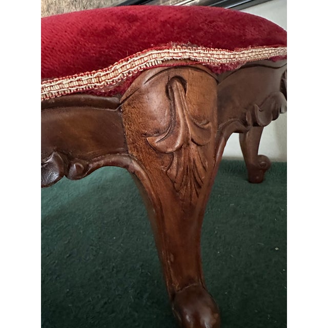 Wood Vintage Mid 20th Century Louis XV Oval Shaped Wood and Red Velvet Upholstered Footstool For Sale - Image 7 of 11